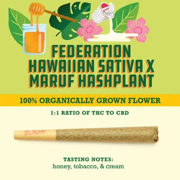 Hawaiian Sativa x Maruf Hashplant 1:1 THC:CBD (1.0g Pre-Rolled Joint)