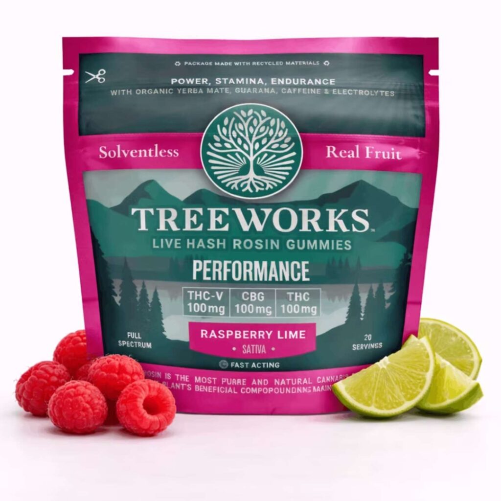 Tree Works Raspberry Lime gummy bag with pink packaging, logo tree, and raspberries and lime wedges around it (informative product photo).