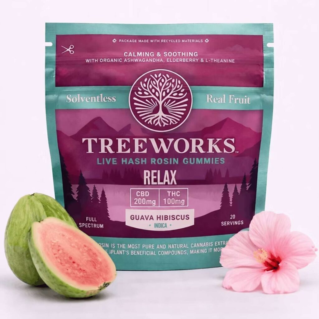 Bag of Tree Works Relax gummies with guava hibiscus flavor, teal and magenta packaging, a sliced guava and pink hibiscus flower beside it.