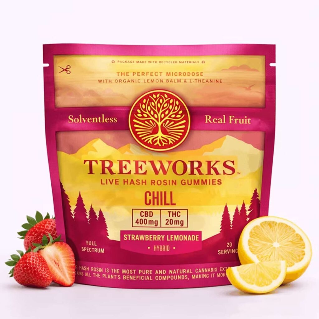 Tree Works Chill strawberry lemonade live hash rosin gummies package with CBD/THC amounts shown, surrounded by lemons and strawberries.