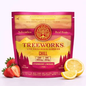 Tree Works Chill strawberry lemonade live hash rosin gummies package with CBD/THC amounts shown, surrounded by lemons and strawberries.