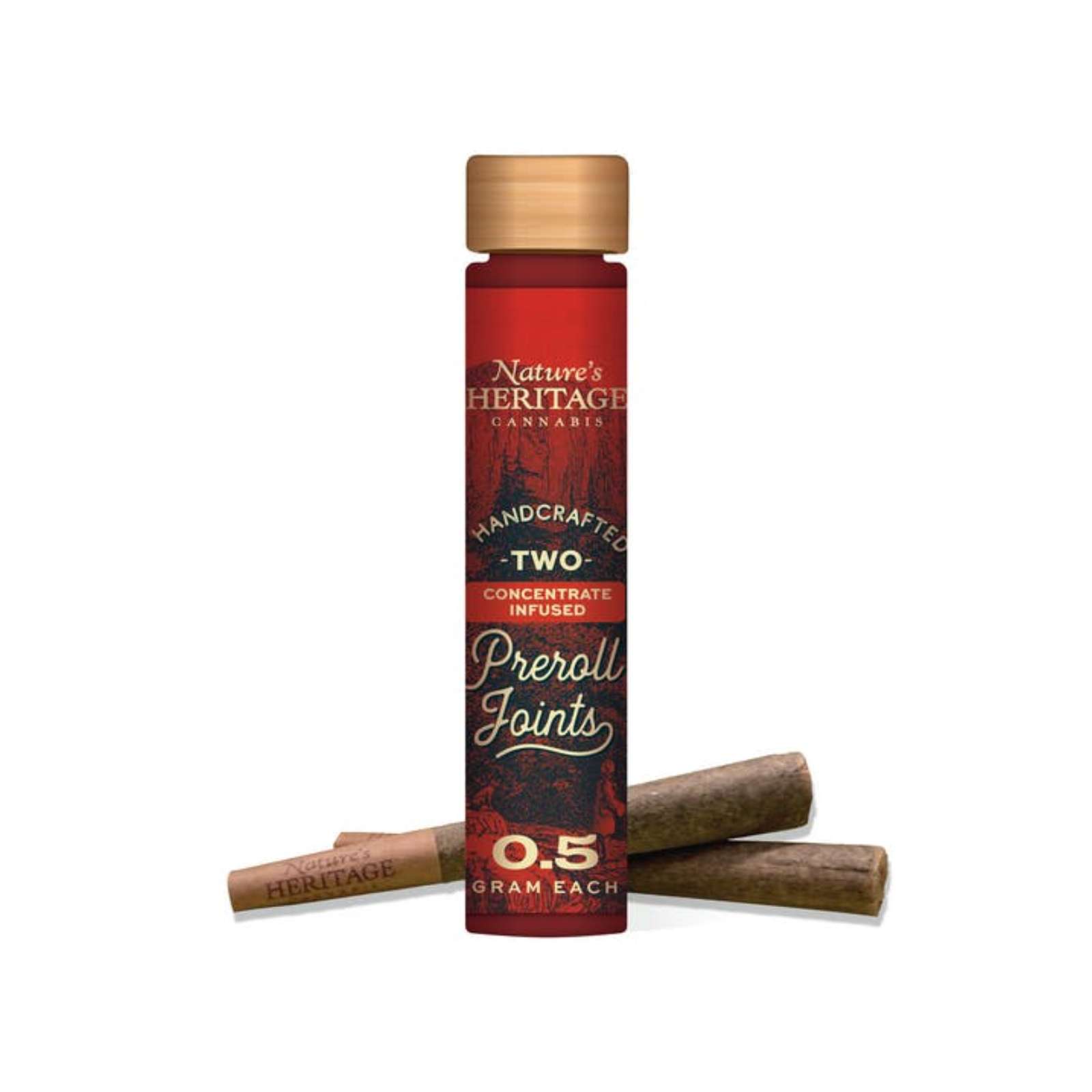 Tall red Nature's Heritage cannabis product bottle with a wooden cap, surrounded by cinnamon sticks; text on label reads 'Two' and '0.5 gram each'.